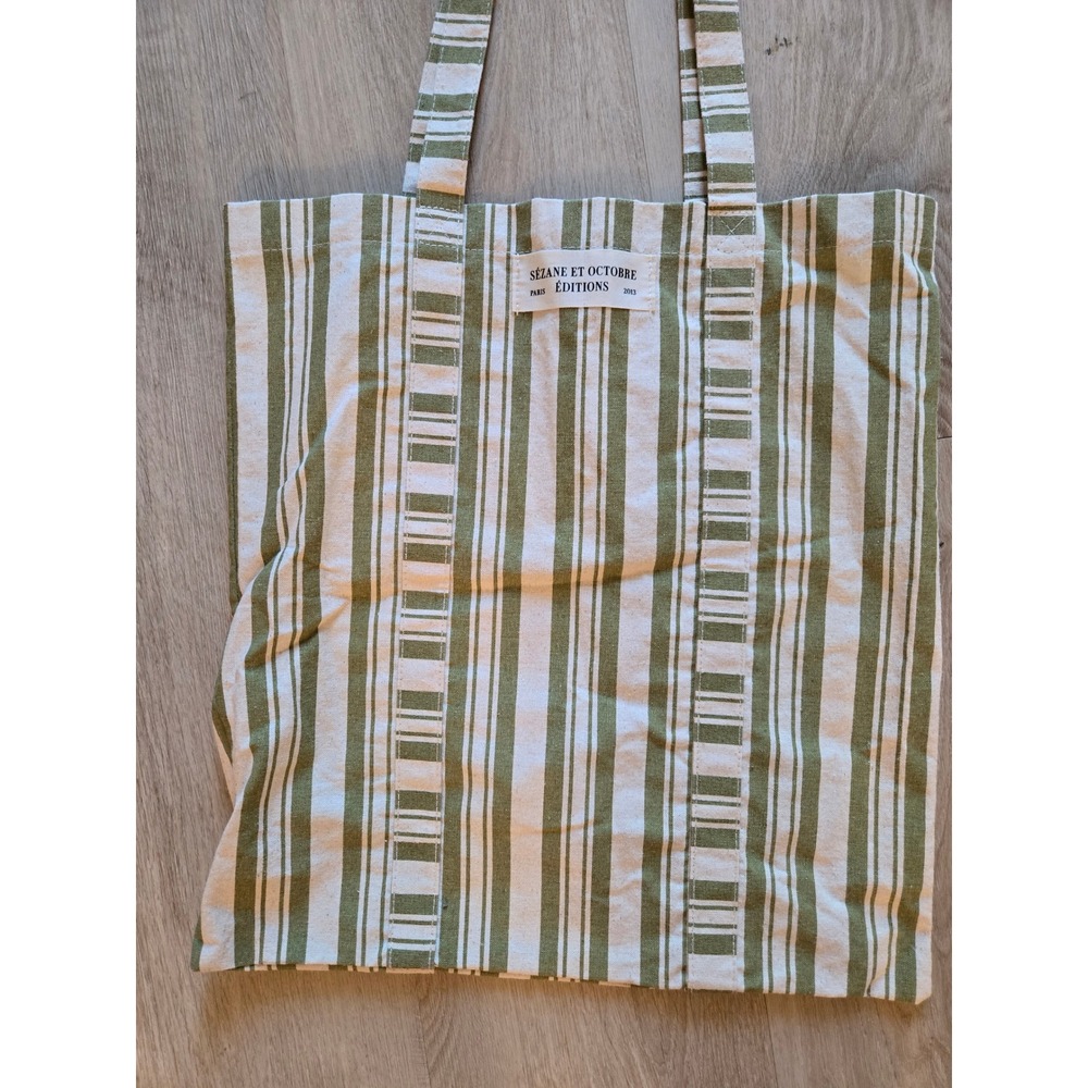 Sezane et Octobre Editions Paris Striped Canvas Tote Bag Olive Green Cream - Picture 2 of 9